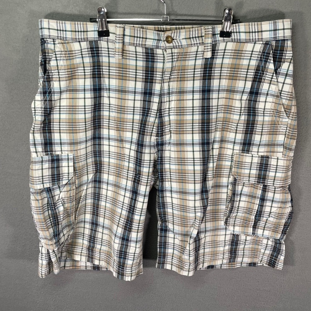 St Johns Bay Mens 38 Cargo Shorts Tan Blue Plaid Cotton Utility